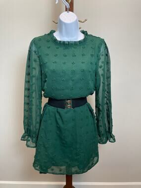Adibosy Embroidered Chiffon Dress Size M Green Polka Dot Puff Sleeve NWT